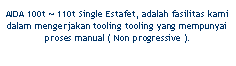 Text Box: AIDA 100t ~ 110t Single Estafet, adalah fasilitas kami dalam mengerjakan tooling tooling yang mempunyai proses manual ( Non progressive ).